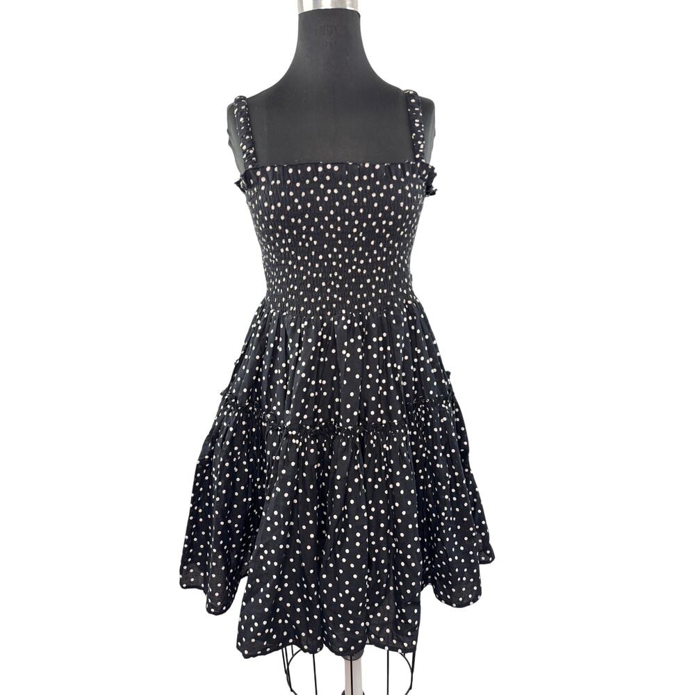 ASOS Black White Fit & Flare Dress Polka Dot Smocked Raw Cut Edges Pullover Sz 8